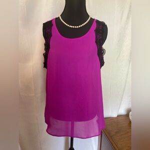 Worthington Petite Large Purple Sheer Sleeveless Blouse With Black Lace